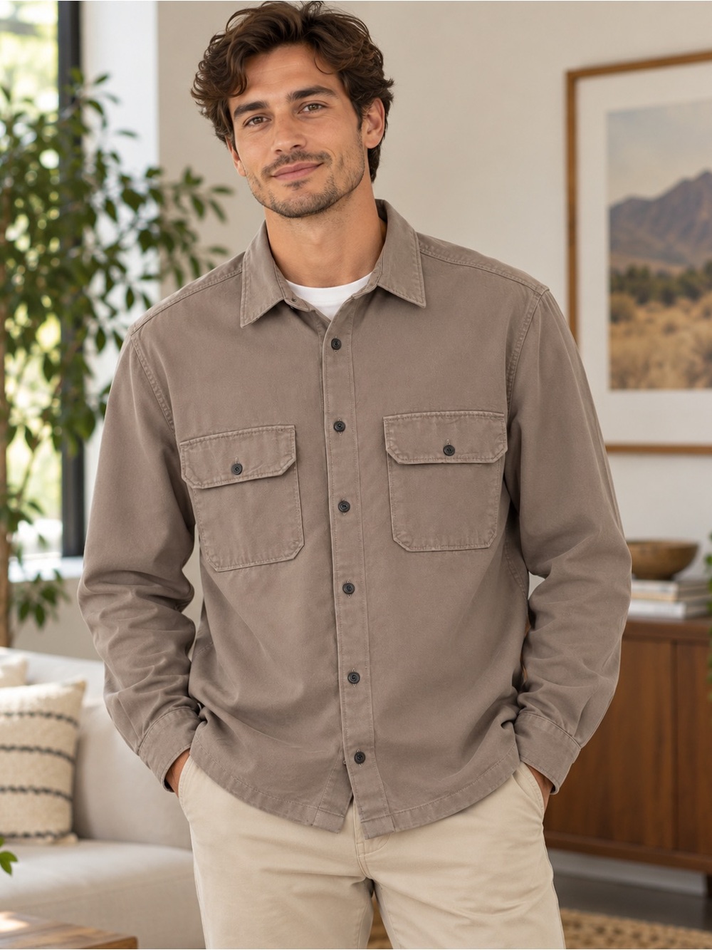 Giordano Men’s Large Cotton Utility Overshirt Shacket Taupe Gray